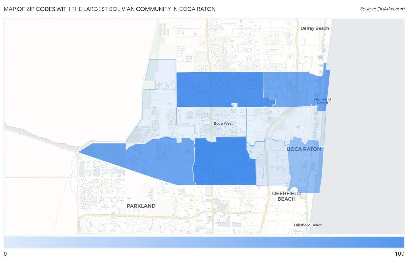 Zip Codes with the Largest Bolivian Community in Boca Raton Map