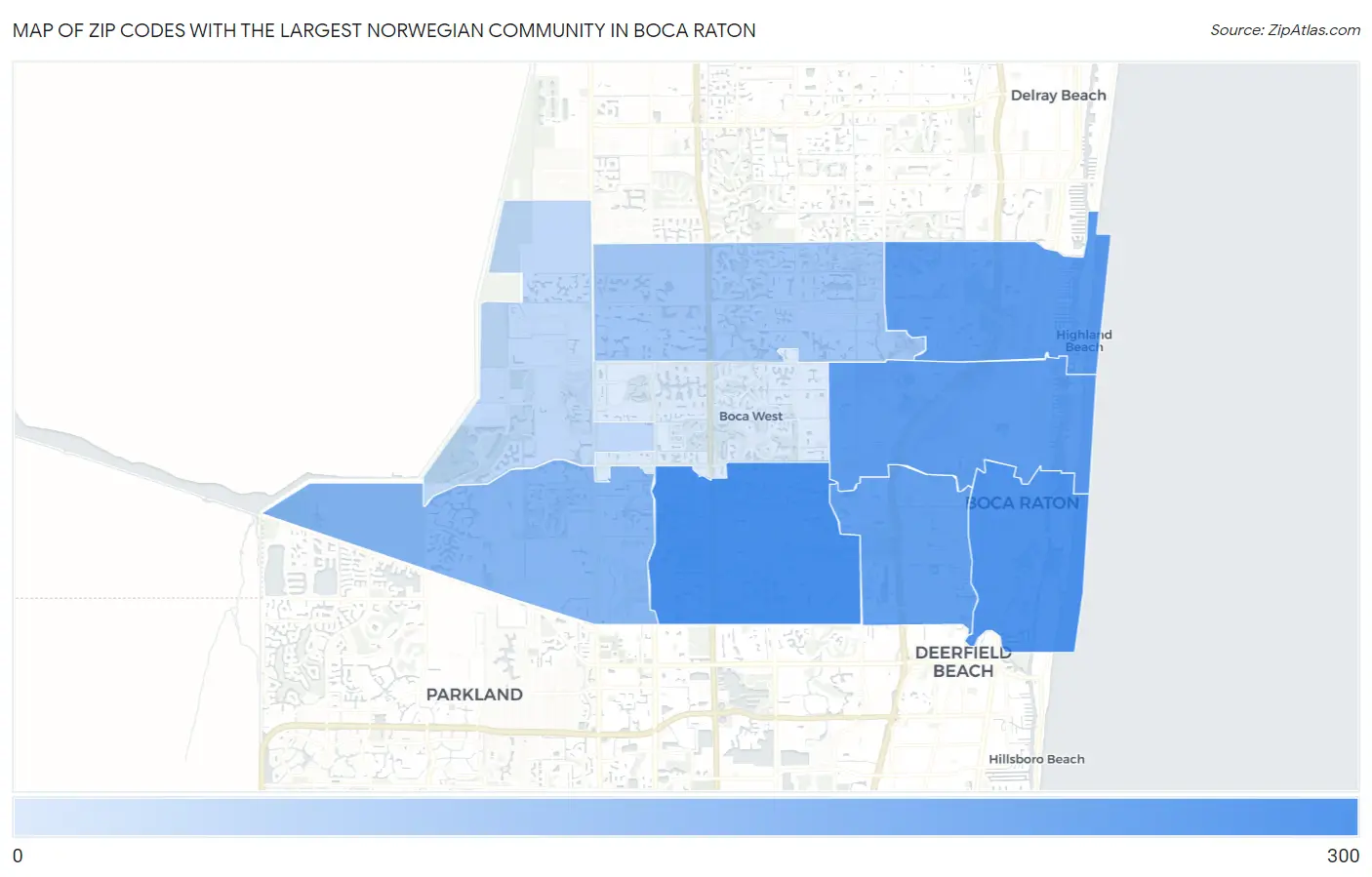 Zip Codes with the Largest Norwegian Community in Boca Raton Map