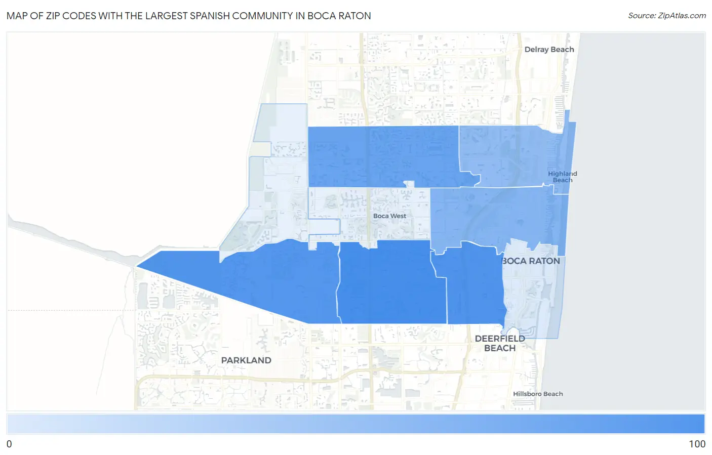 Zip Codes with the Largest Spanish Community in Boca Raton Map