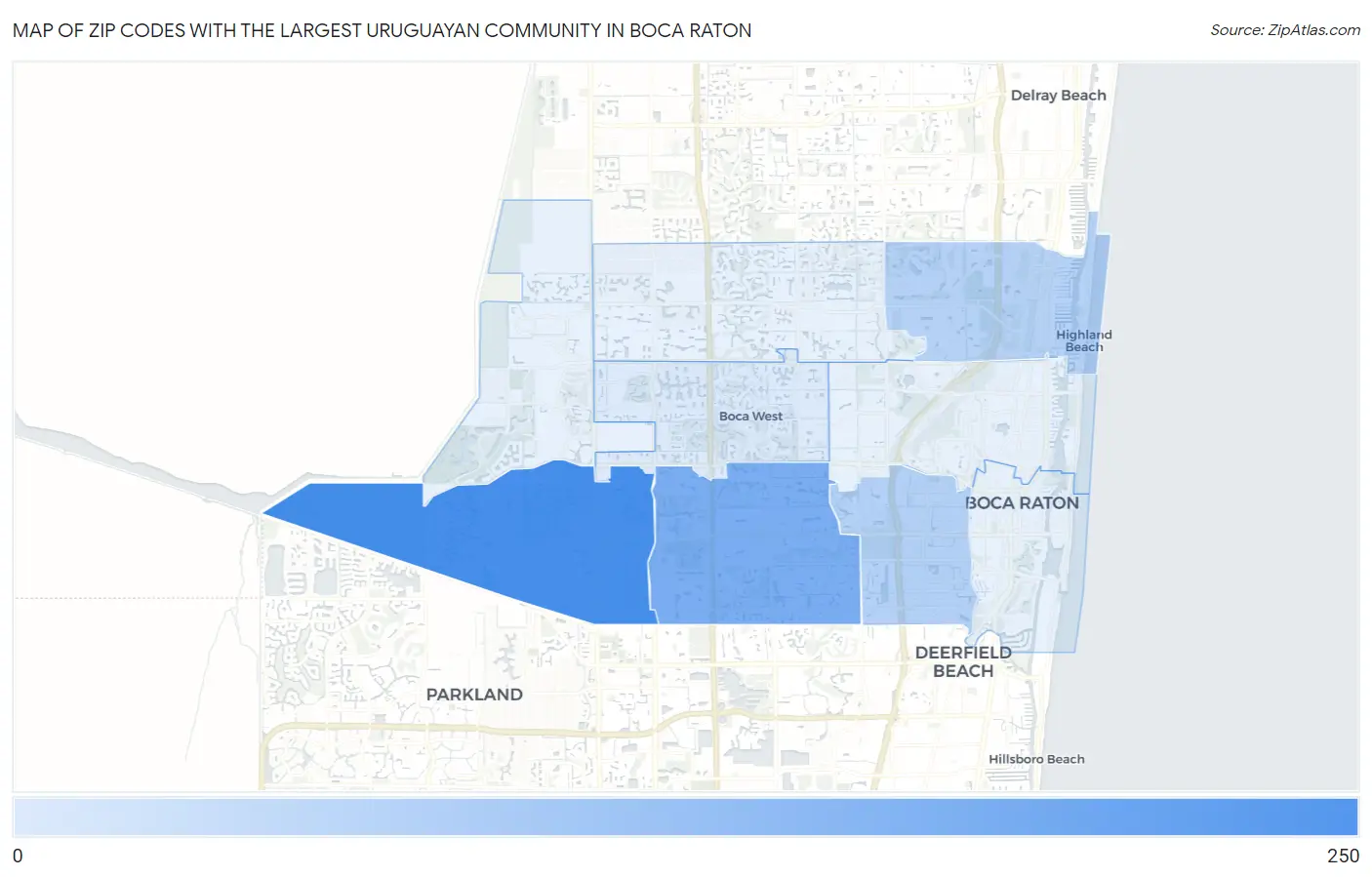 Zip Codes with the Largest Uruguayan Community in Boca Raton Map