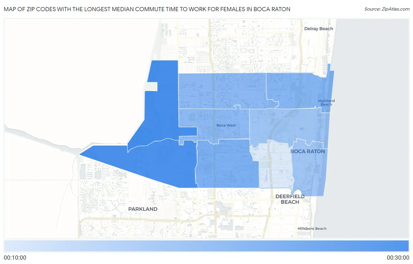 Zip Codes with the Longest Median Commute Time to Work for Females in Boca Raton Map