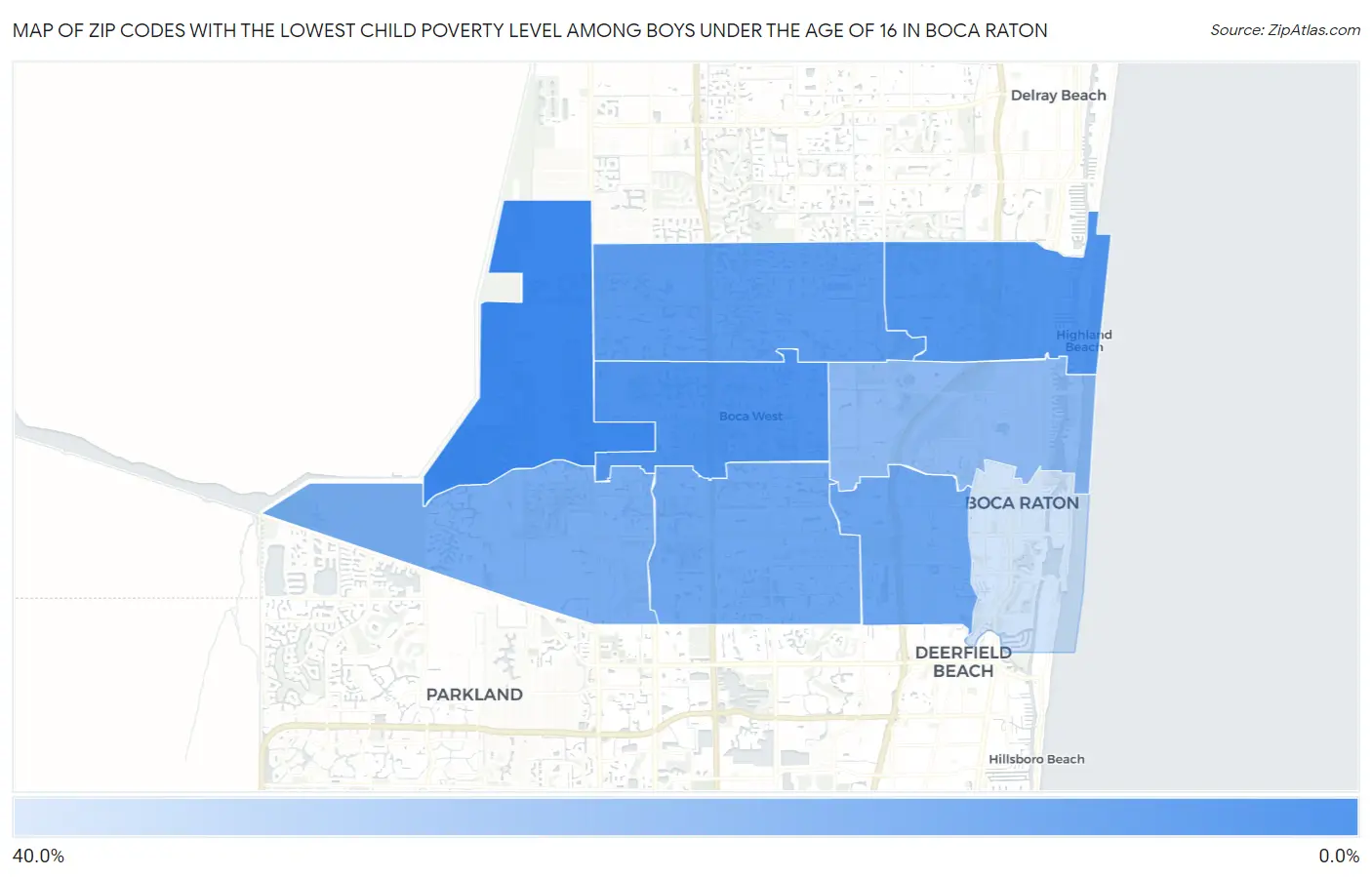 Zip Codes with the Lowest Child Poverty Level Among Boys Under the Age of 16 in Boca Raton Map