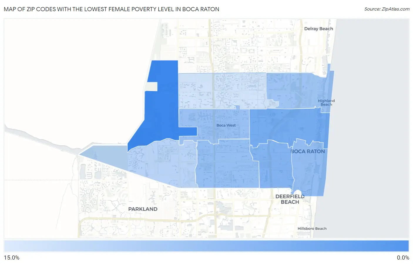 Zip Codes with the Lowest Female Poverty Level in Boca Raton Map