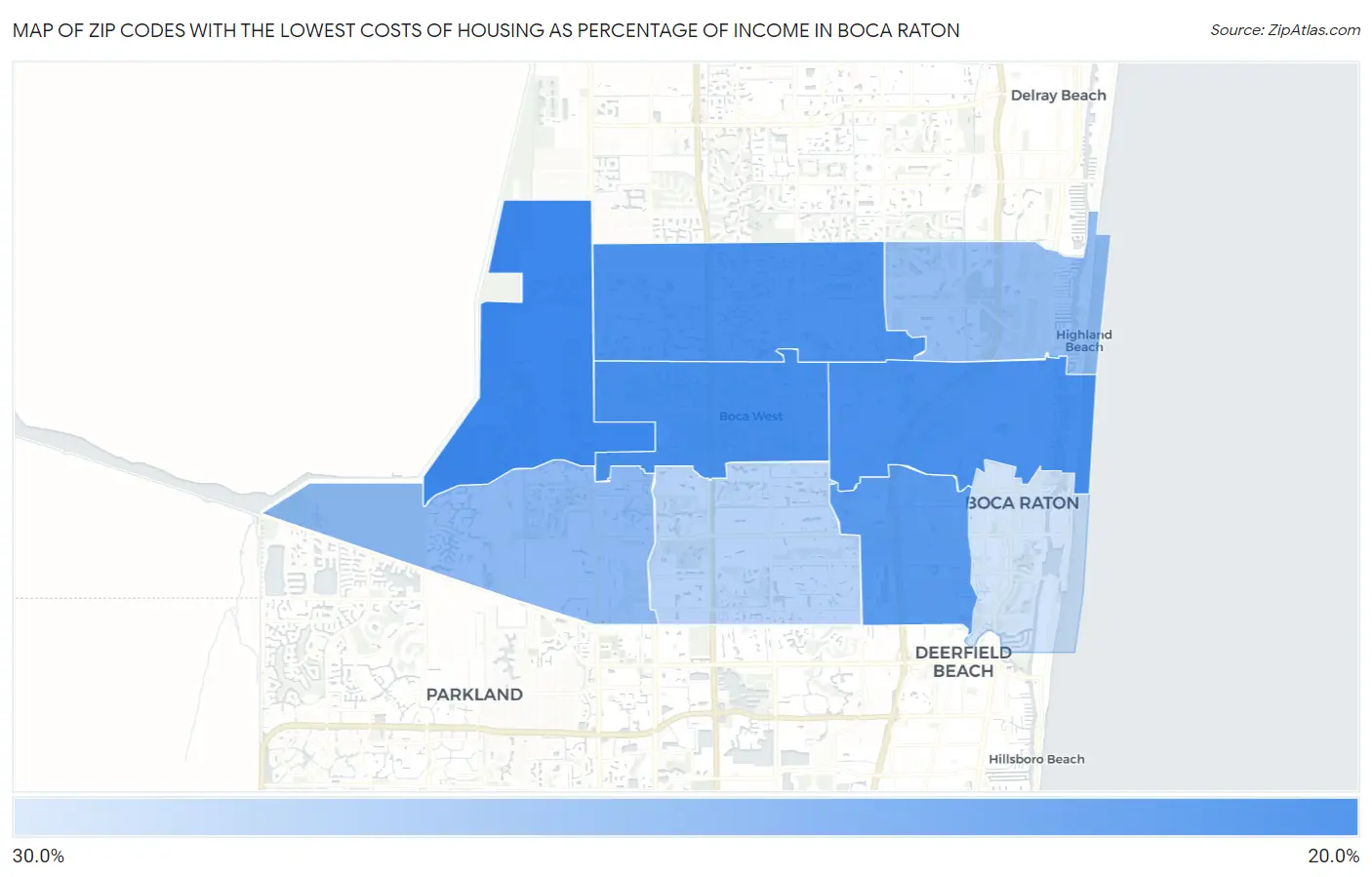 Zip Codes with the Lowest Costs of Housing as Percentage of Income in Boca Raton Map