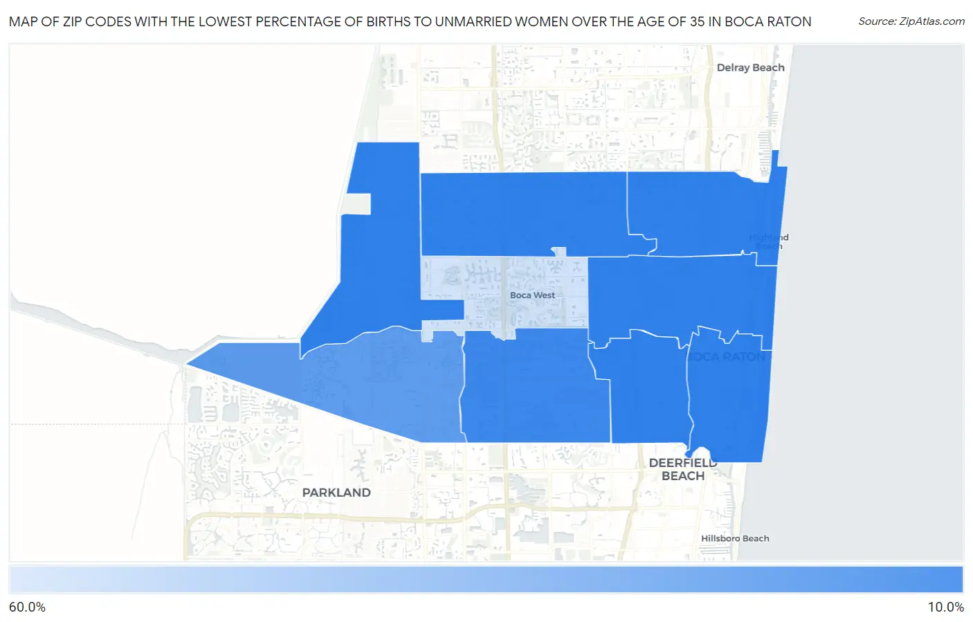 Zip Codes with the Lowest Percentage of Births to Unmarried Women over the Age of 35 in Boca Raton Map