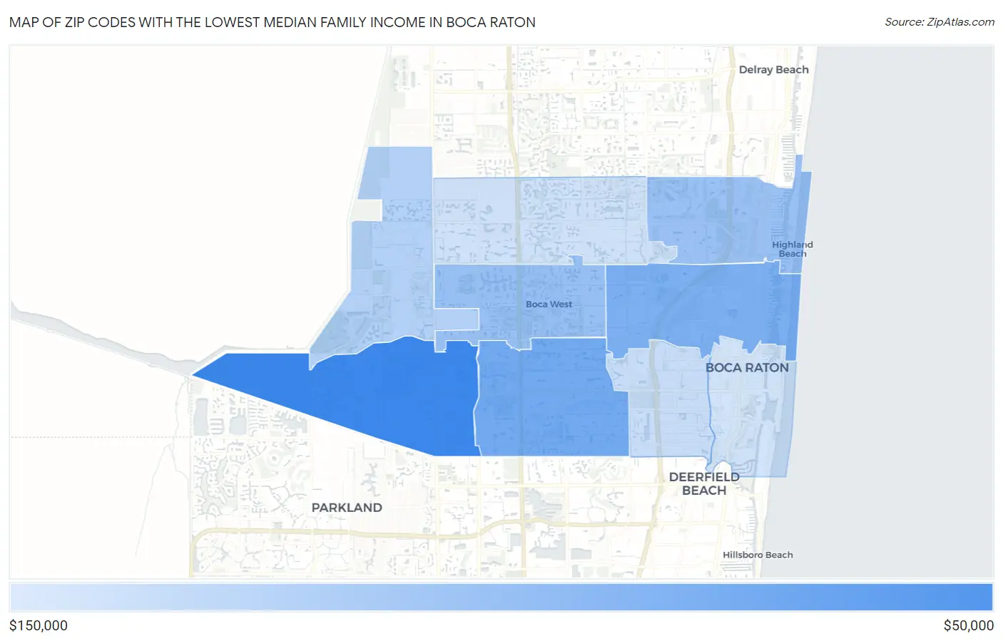 Zip Codes with the Lowest Median Family Income in Boca Raton Map