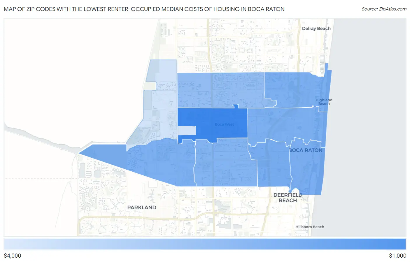 Zip Codes with the Lowest Renter-Occupied Median Costs of Housing in Boca Raton Map
