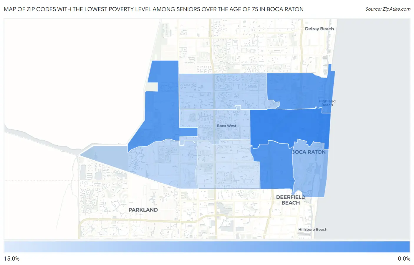 Zip Codes with the Lowest Poverty Level Among Seniors Over the Age of 75 in Boca Raton Map