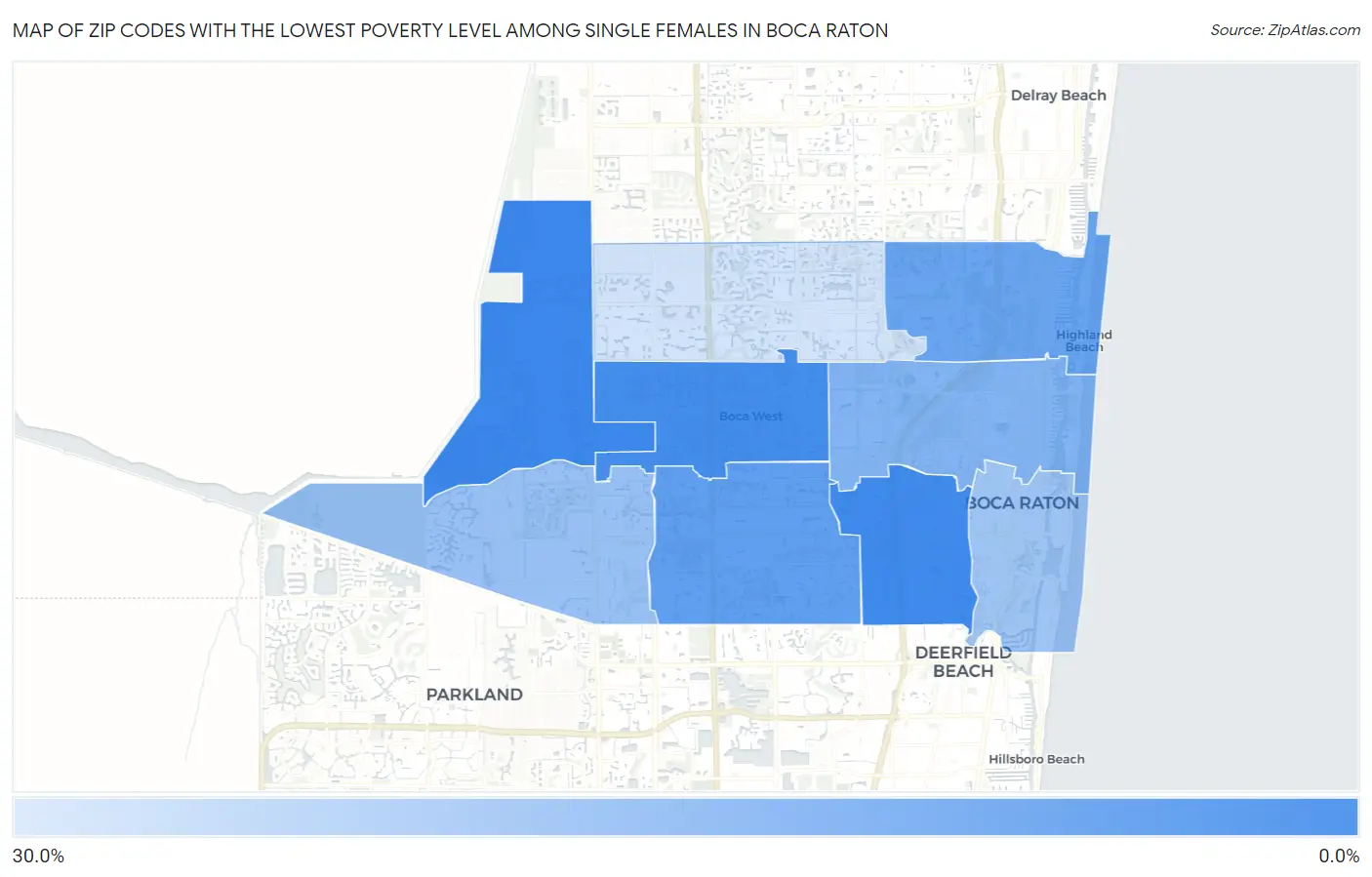 Zip Codes with the Lowest Poverty Level Among Single Females in Boca Raton Map