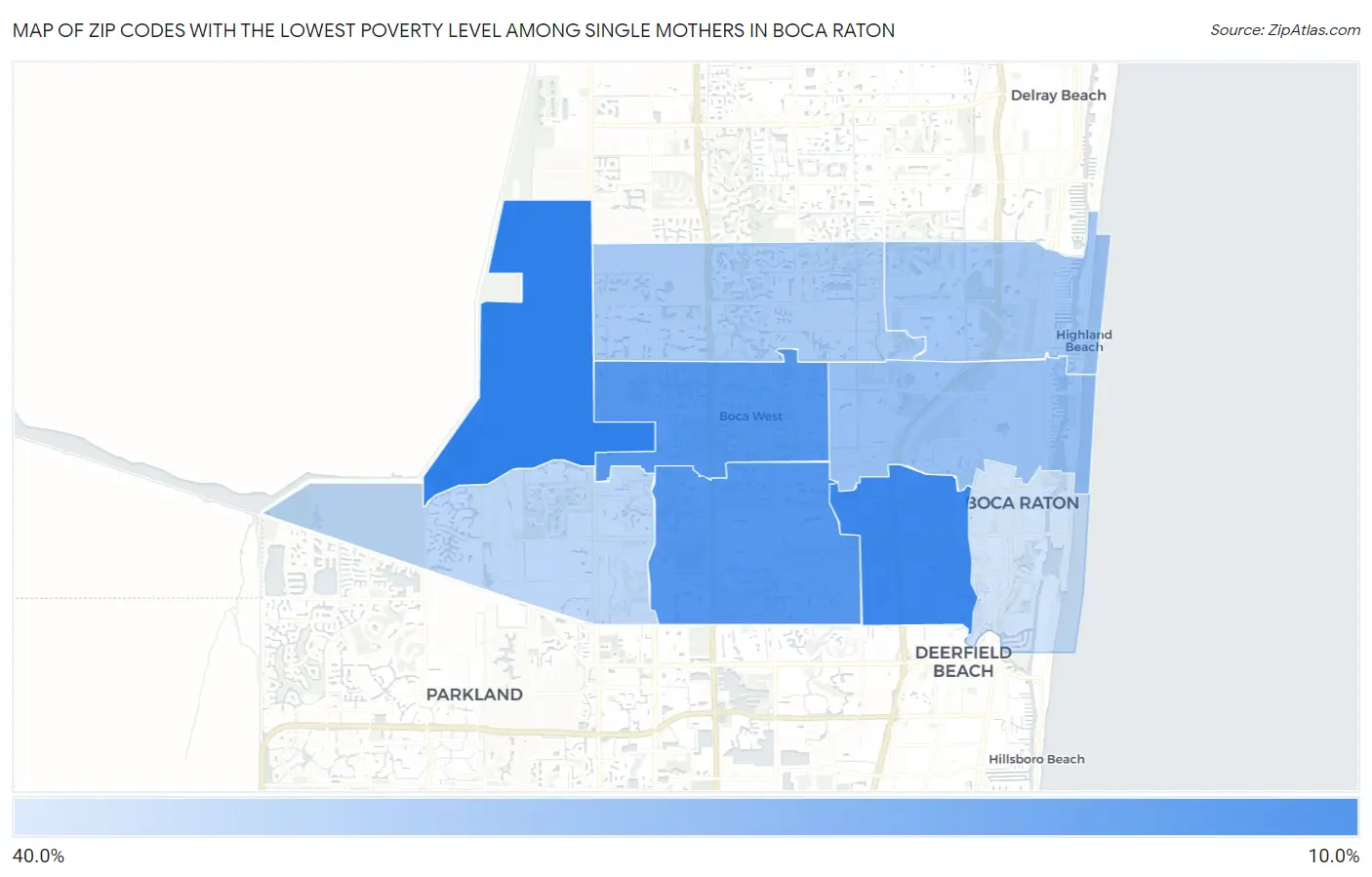 Zip Codes with the Lowest Poverty Level Among Single Mothers in Boca Raton Map