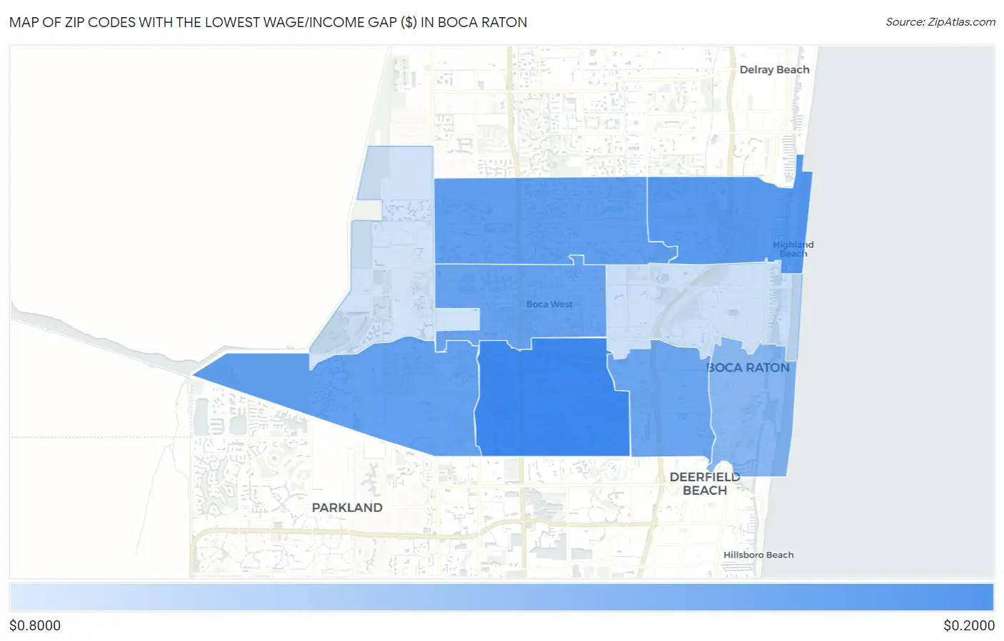 Zip Codes with the Lowest Wage/Income Gap ($) in Boca Raton Map