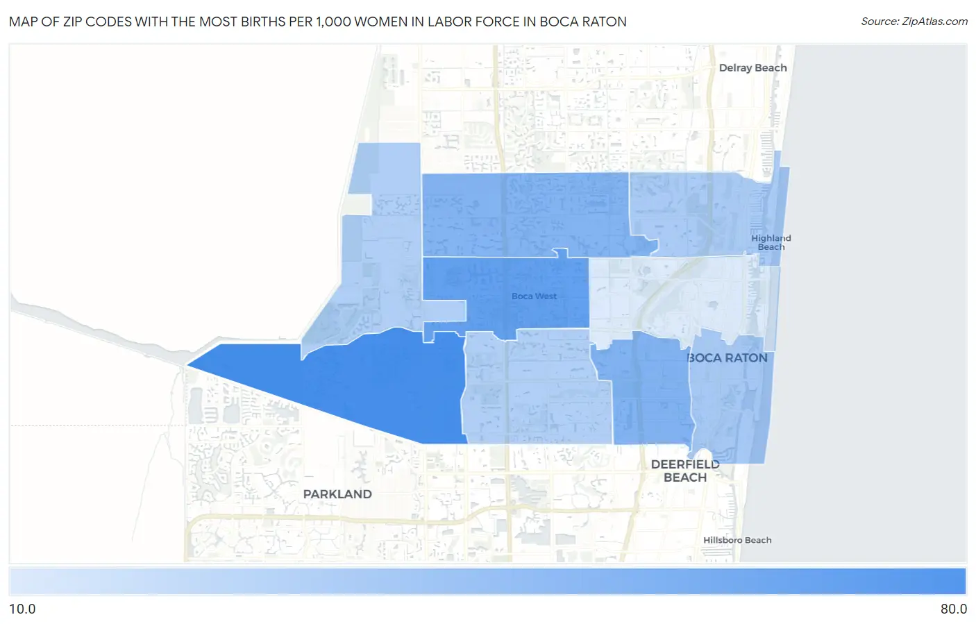 Zip Codes with the Most Births per 1,000 Women in Labor Force in Boca Raton Map