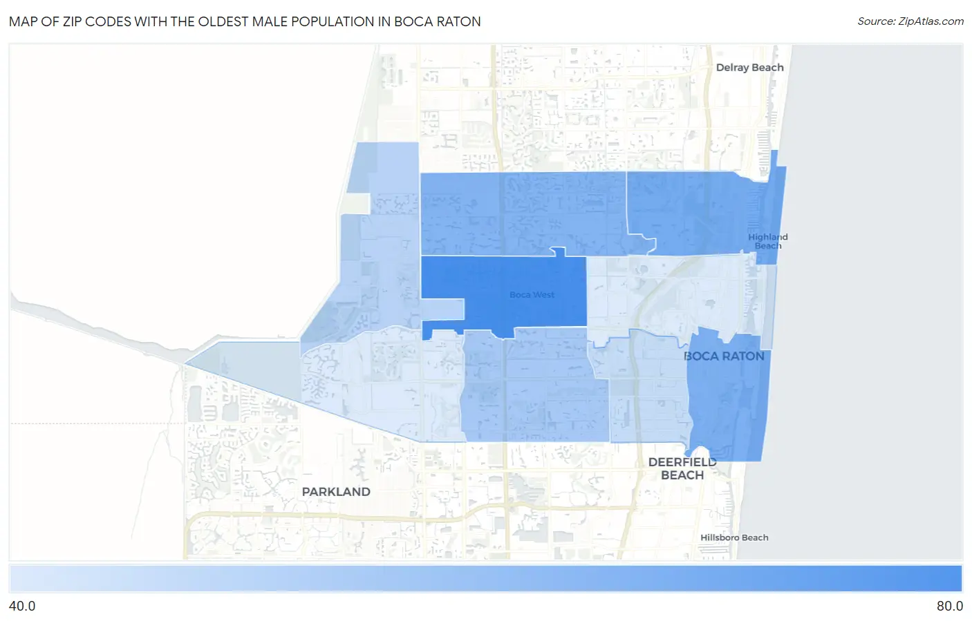 Zip Codes with the Oldest Male Population in Boca Raton Map