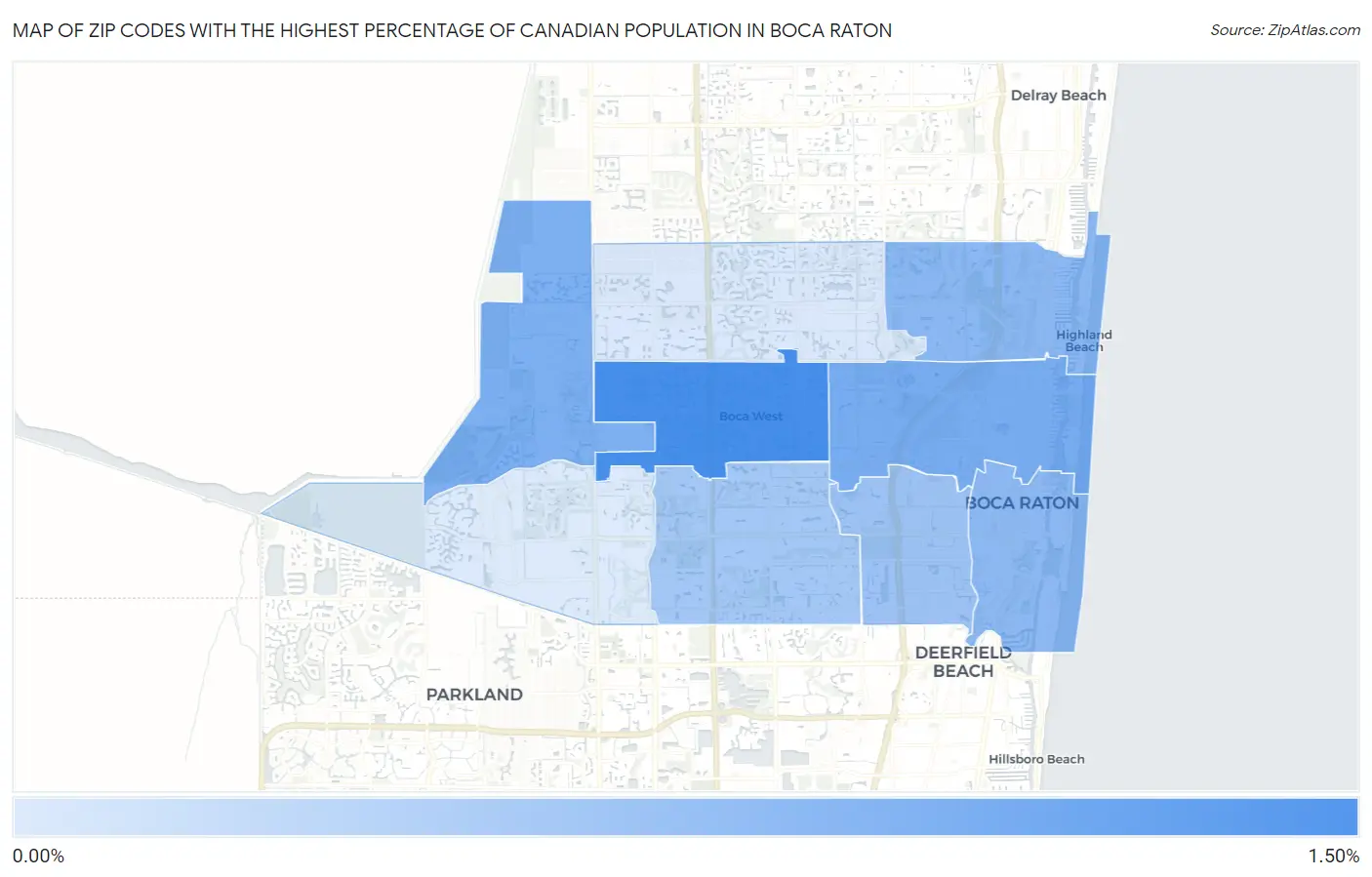 Zip Codes with the Highest Percentage of Canadian Population in Boca Raton Map