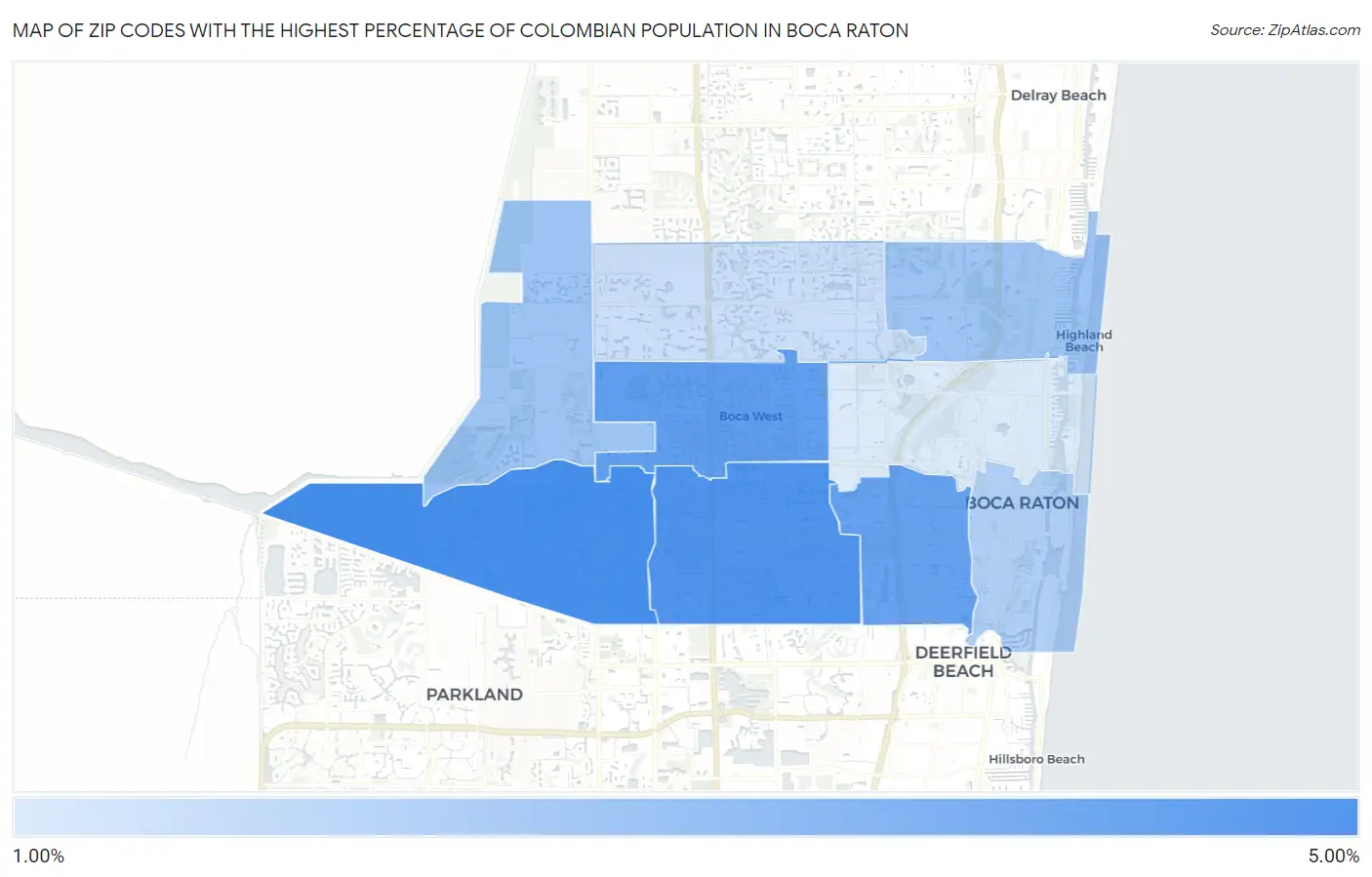 Zip Codes with the Highest Percentage of Colombian Population in Boca Raton Map