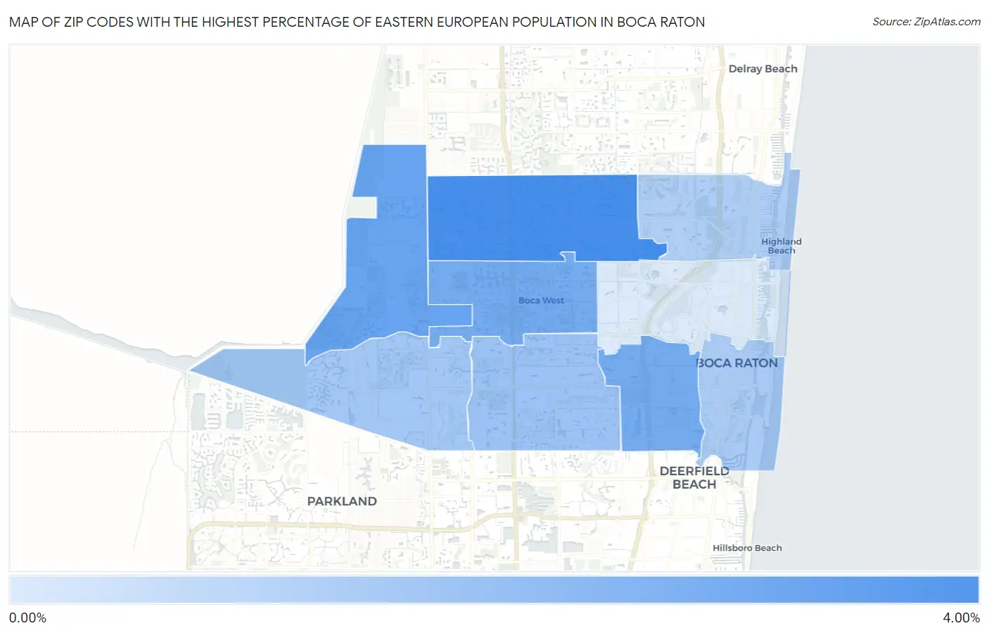 Zip Codes with the Highest Percentage of Eastern European Population in Boca Raton Map