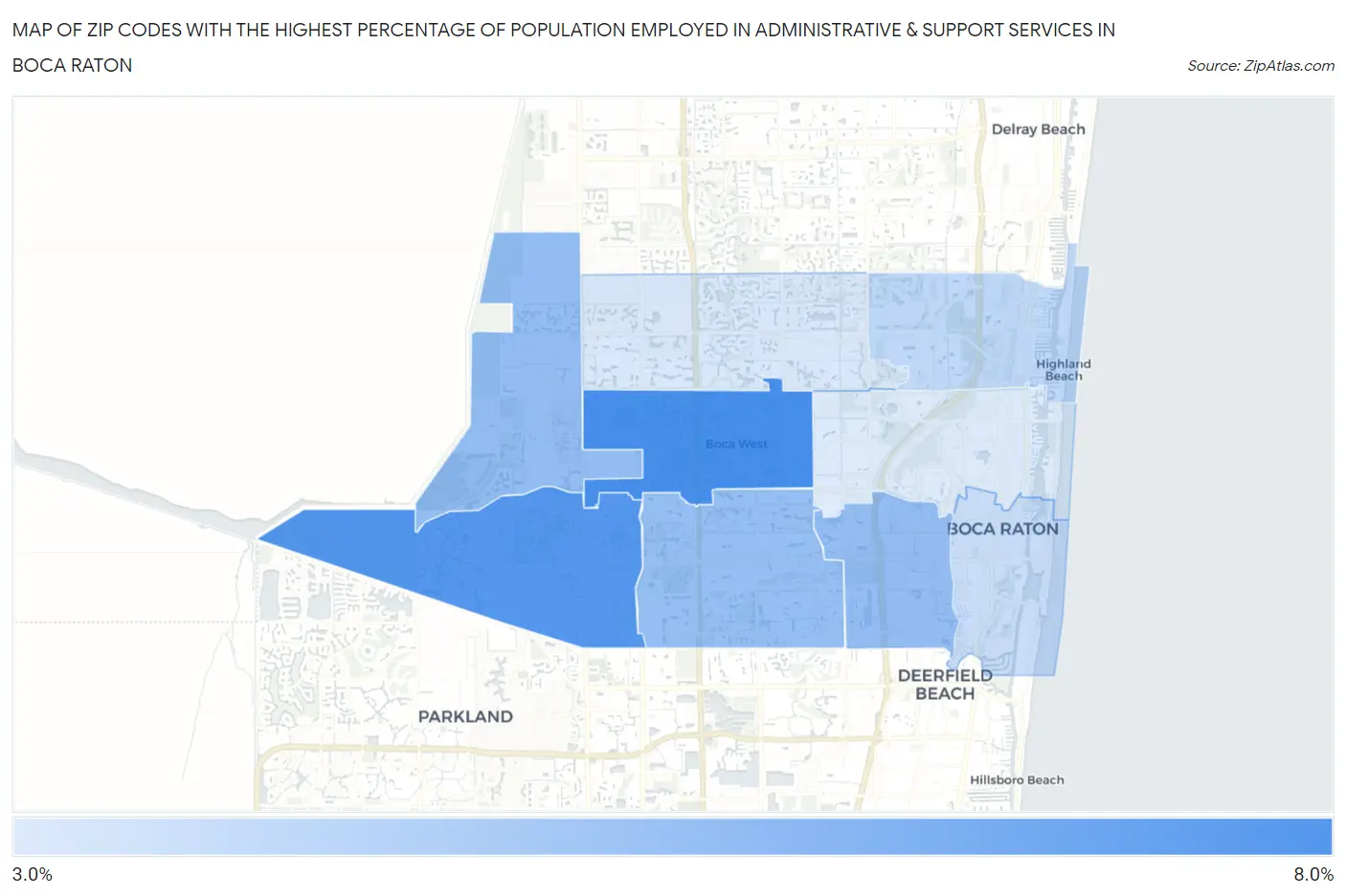 Zip Codes with the Highest Percentage of Population Employed in Administrative & Support Services in Boca Raton Map
