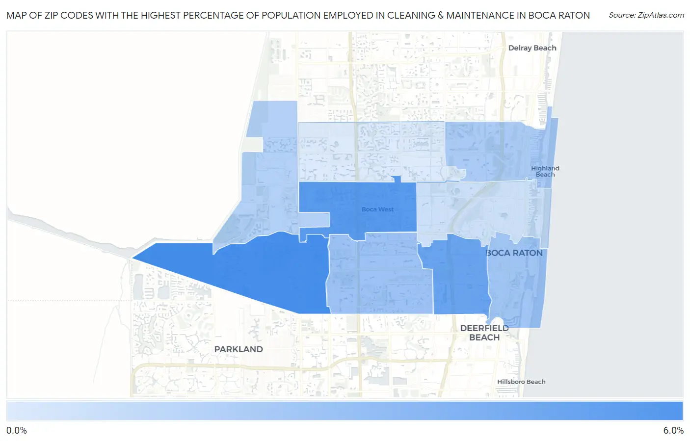 Zip Codes with the Highest Percentage of Population Employed in Cleaning & Maintenance in Boca Raton Map