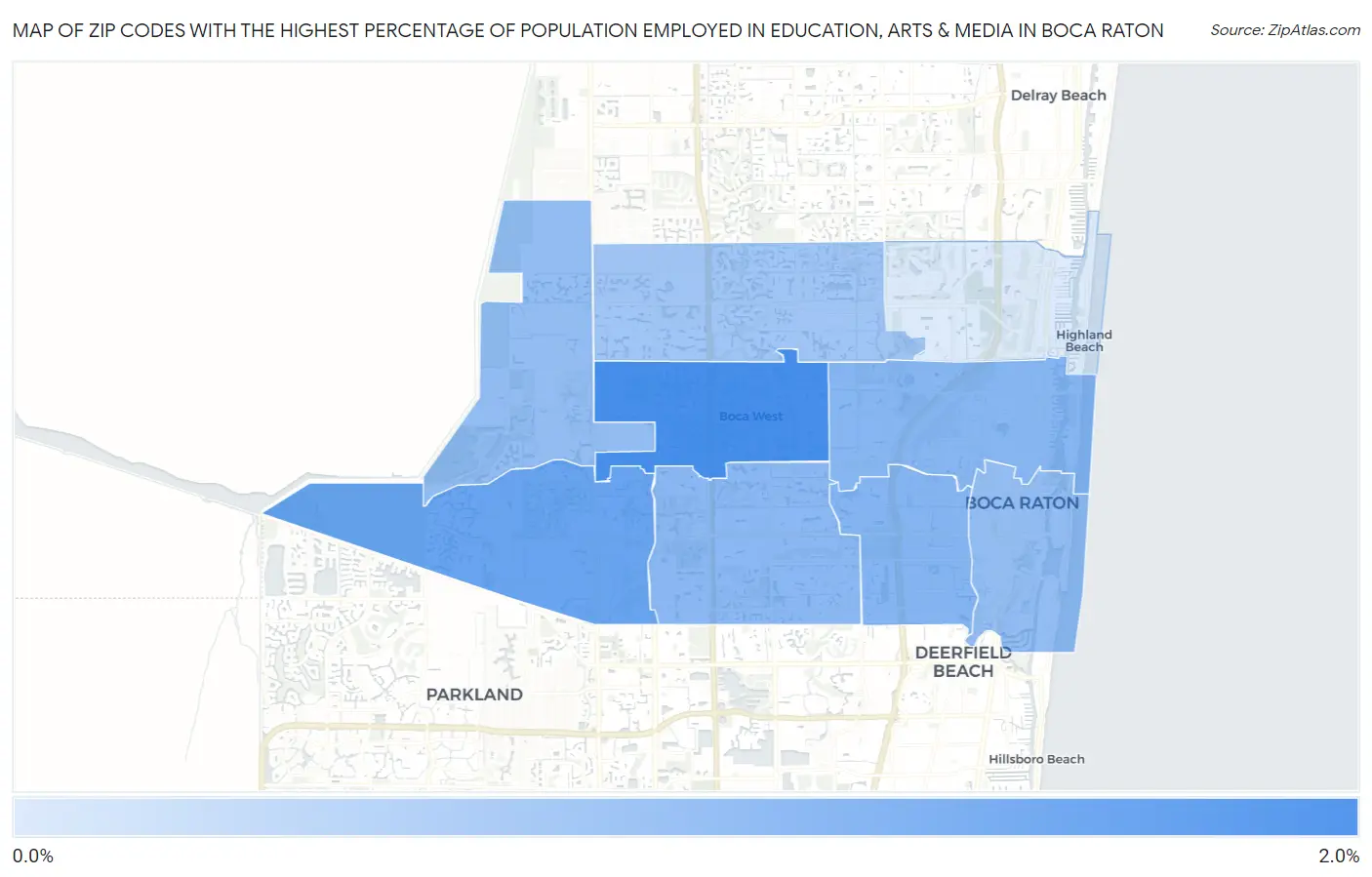 Zip Codes with the Highest Percentage of Population Employed in Education, Arts & Media in Boca Raton Map