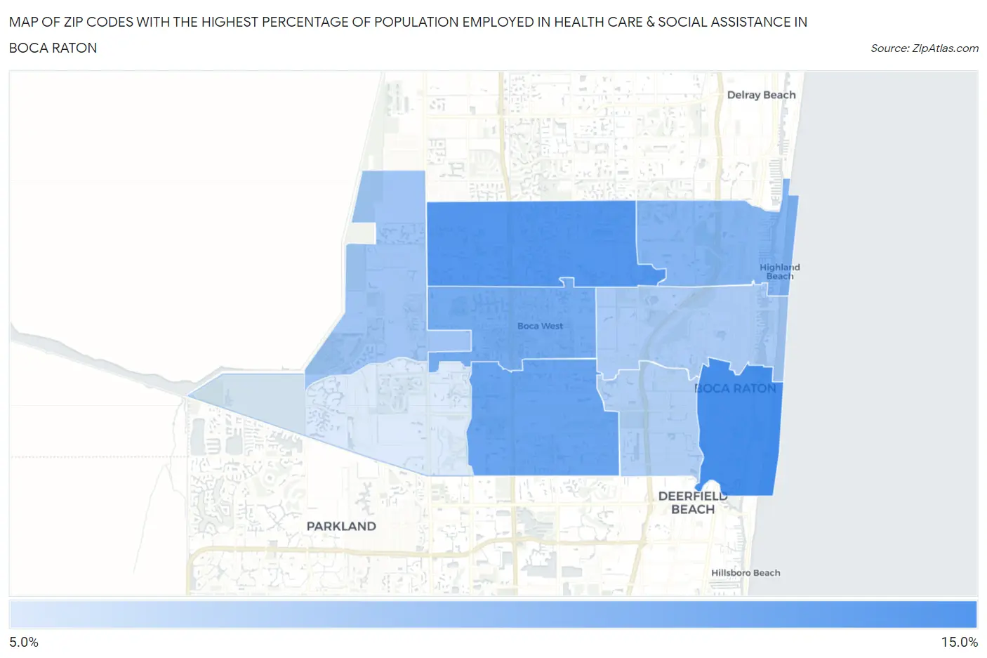 Zip Codes with the Highest Percentage of Population Employed in Health Care & Social Assistance in Boca Raton Map