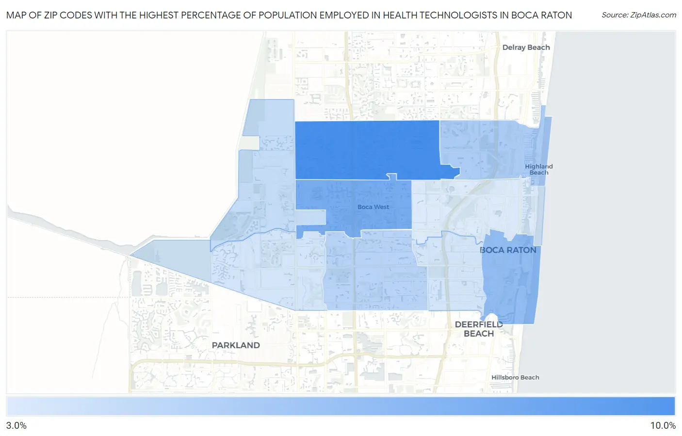 Zip Codes with the Highest Percentage of Population Employed in Health Technologists in Boca Raton Map