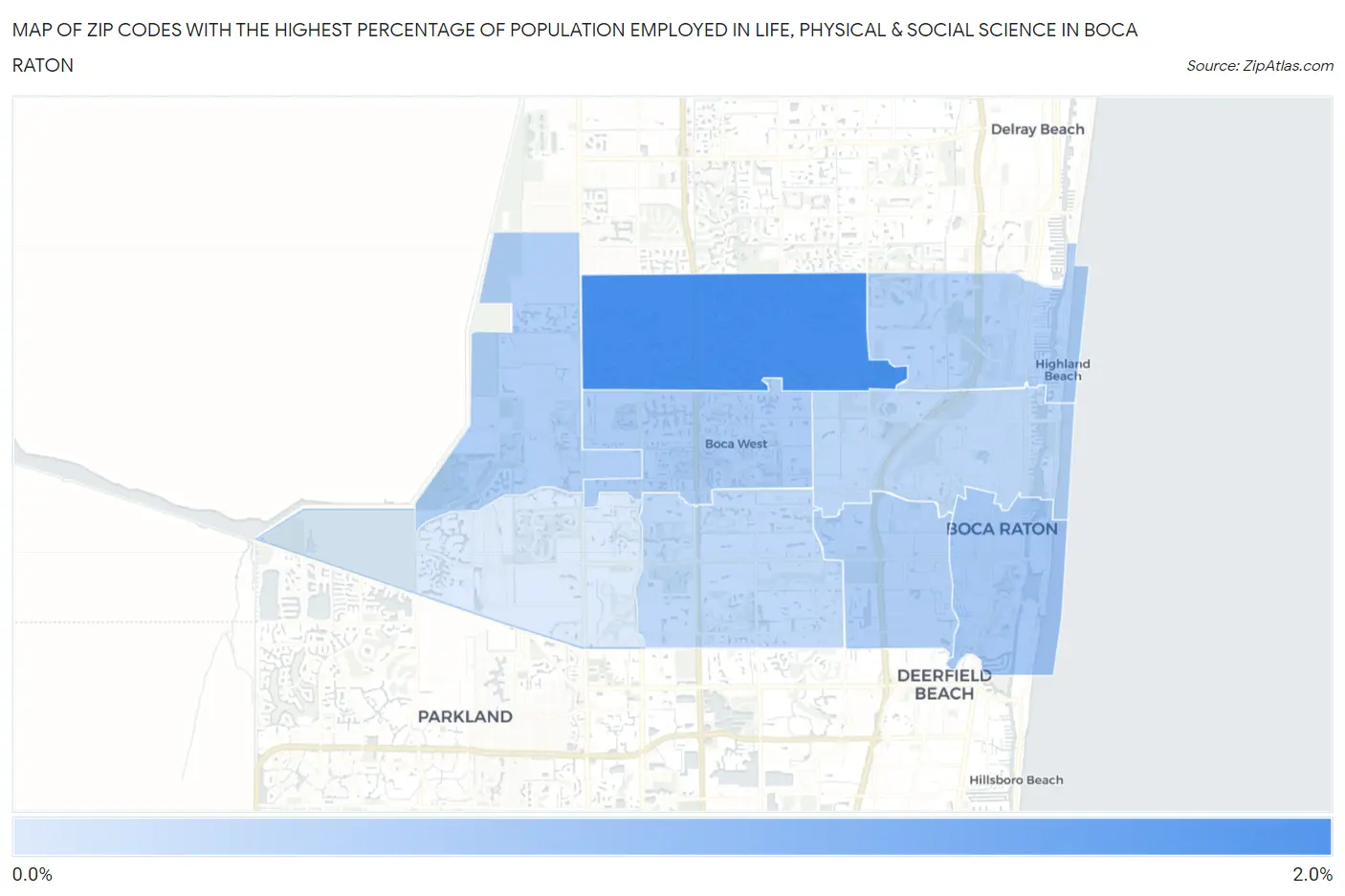 Zip Codes with the Highest Percentage of Population Employed in Life, Physical & Social Science in Boca Raton Map