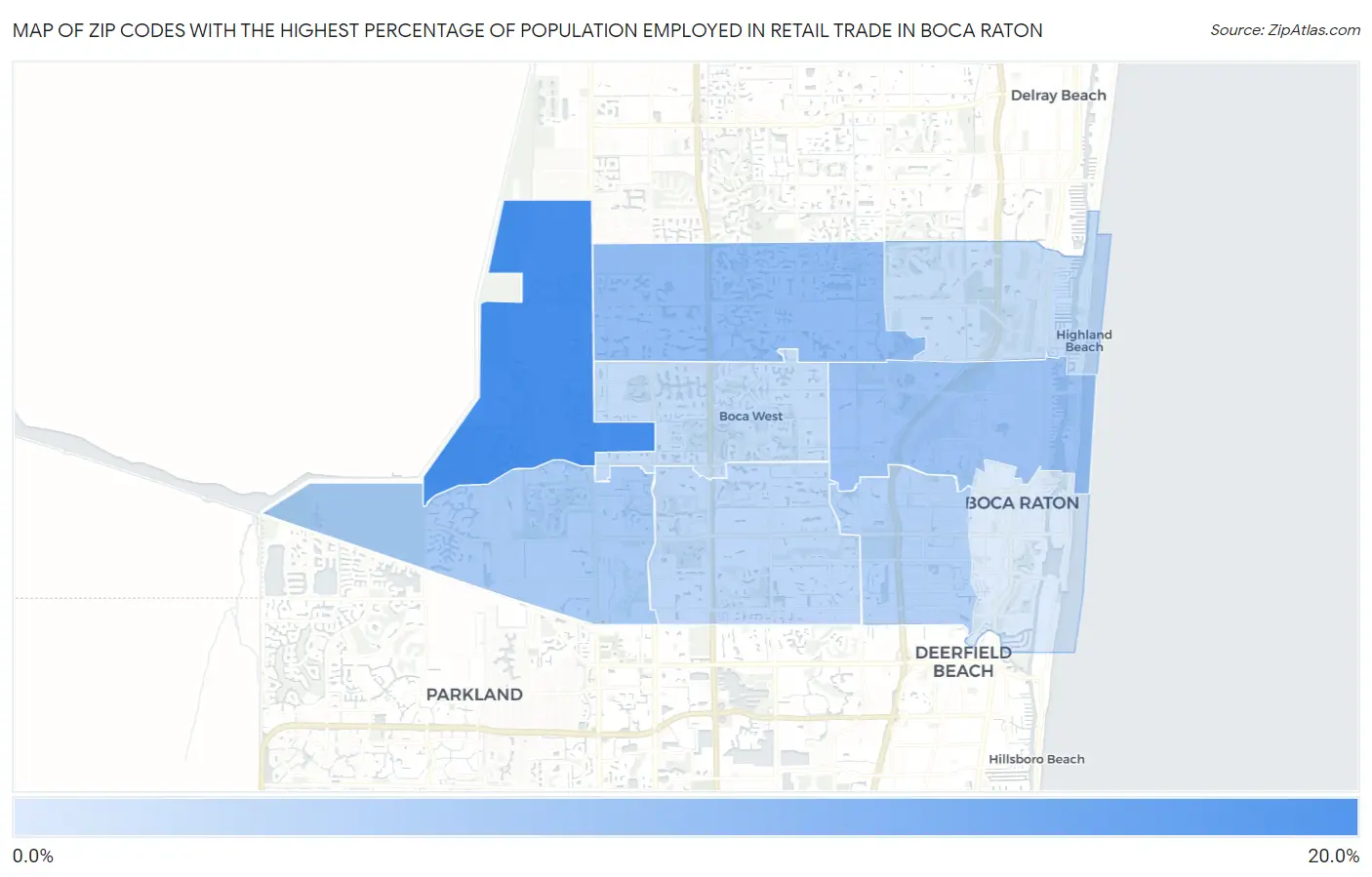 Zip Codes with the Highest Percentage of Population Employed in Retail Trade in Boca Raton Map
