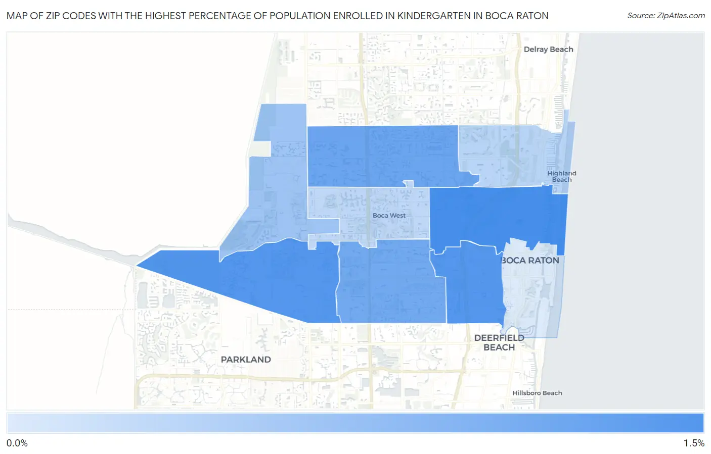 Zip Codes with the Highest Percentage of Population Enrolled in Kindergarten in Boca Raton Map