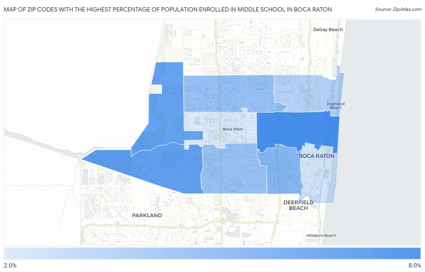 Zip Codes with the Highest Percentage of Population Enrolled in Middle School in Boca Raton Map