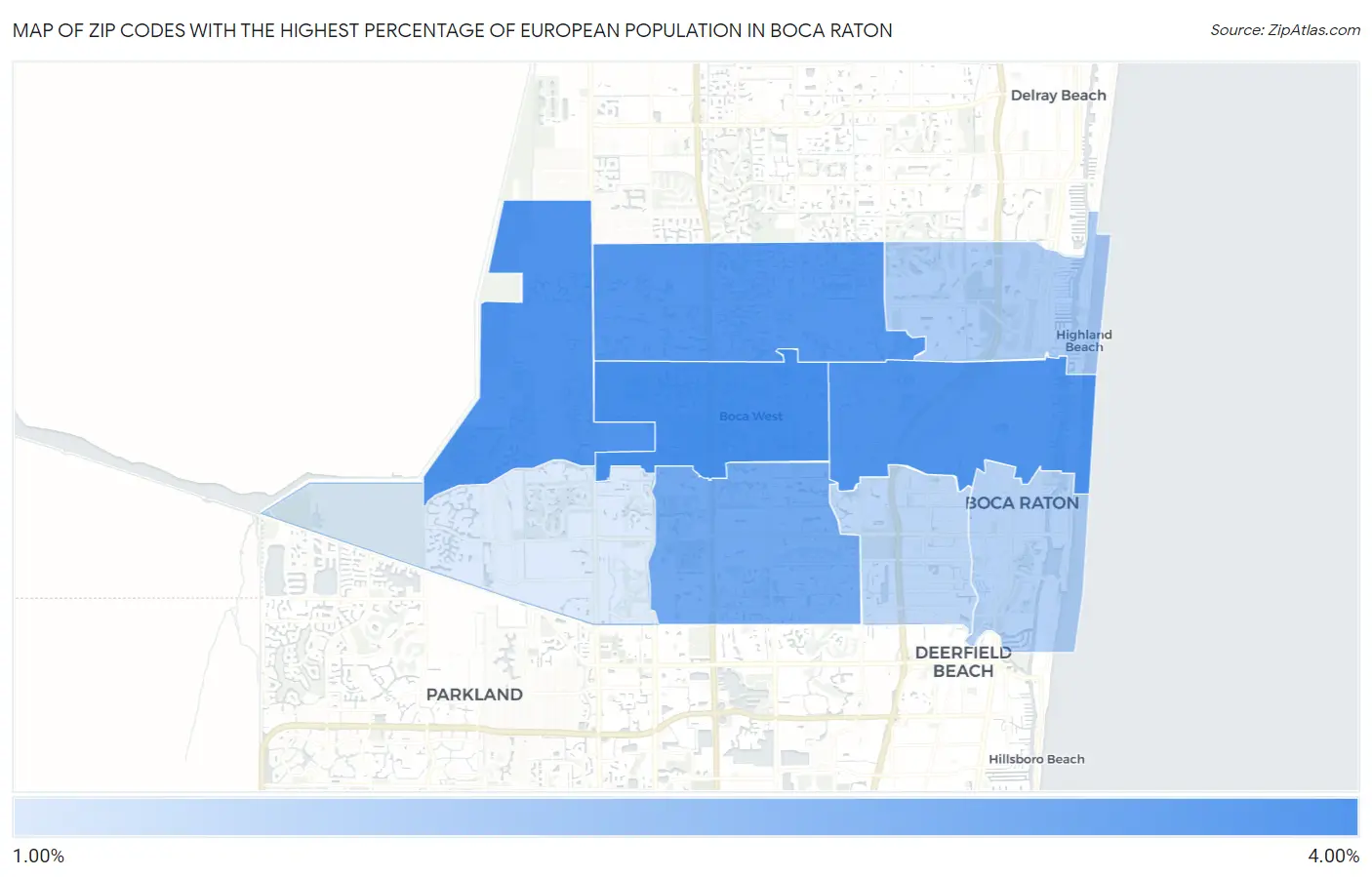 Zip Codes with the Highest Percentage of European Population in Boca Raton Map