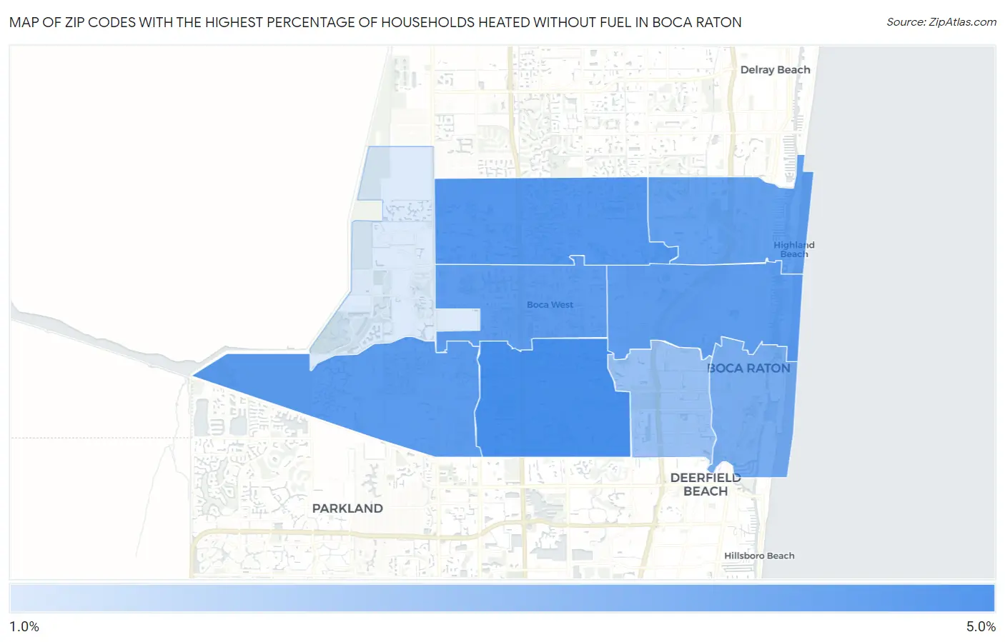 Zip Codes with the Highest Percentage of Households Heated without Fuel in Boca Raton Map
