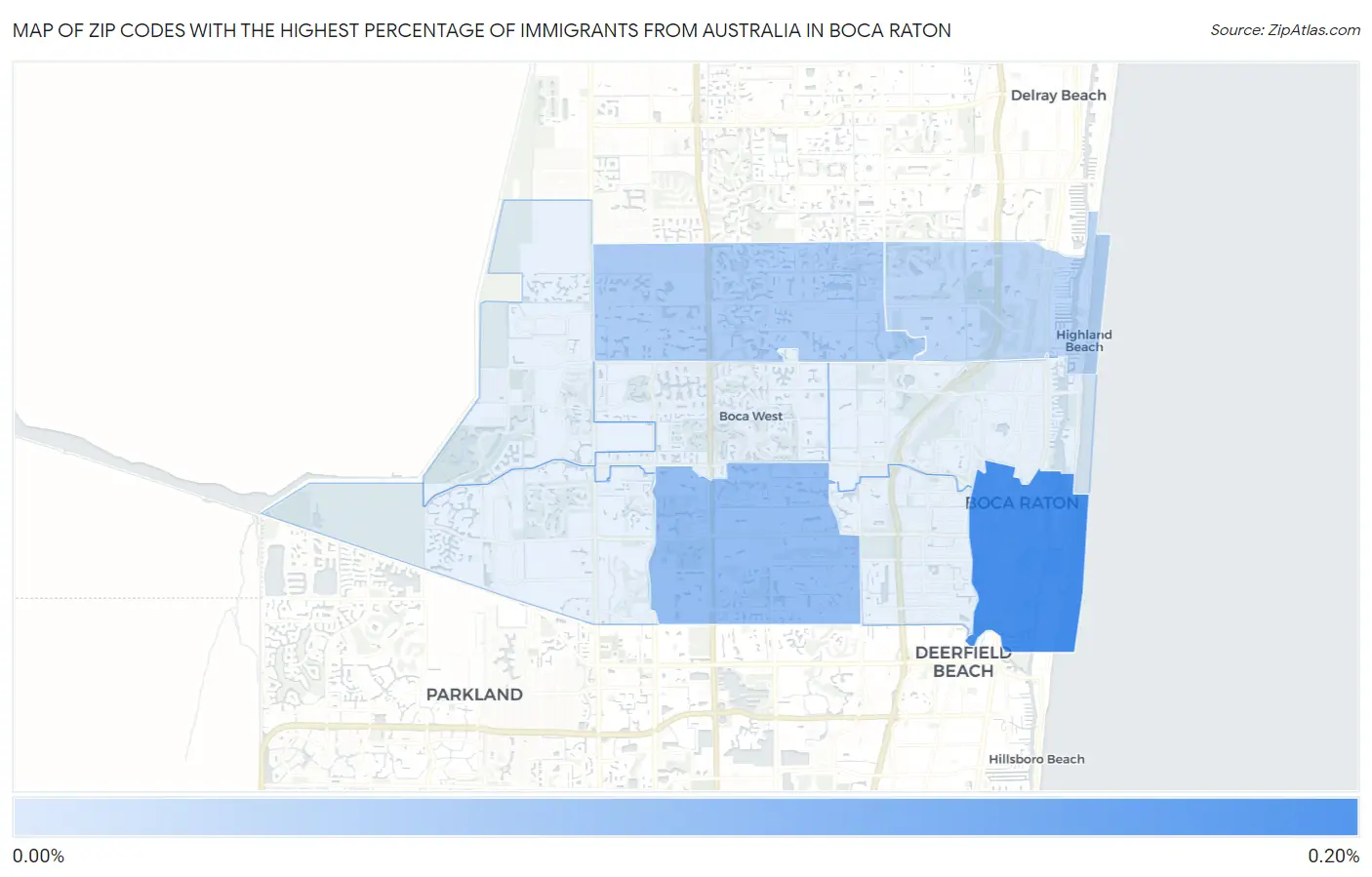 Zip Codes with the Highest Percentage of Immigrants from Australia in Boca Raton Map