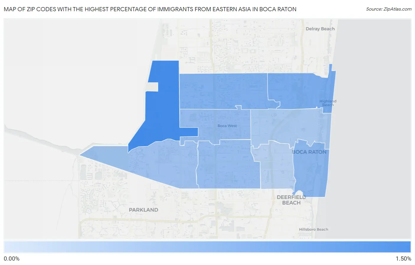 Zip Codes with the Highest Percentage of Immigrants from Eastern Asia in Boca Raton Map