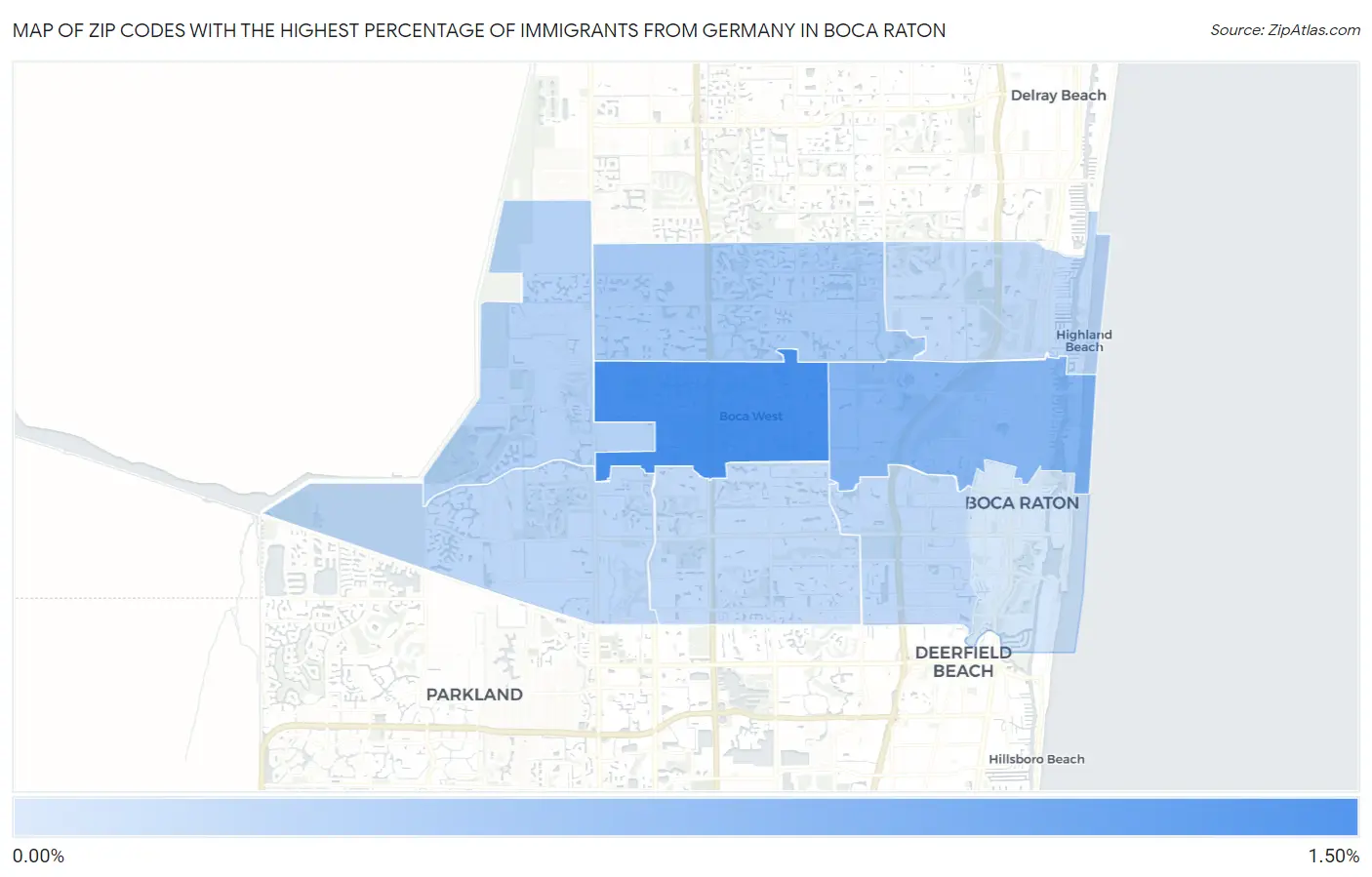 Zip Codes with the Highest Percentage of Immigrants from Germany in Boca Raton Map
