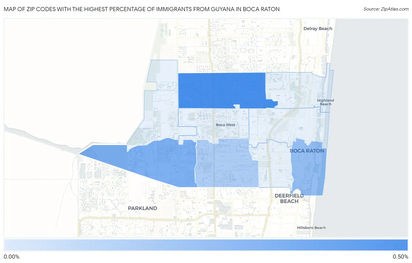 Zip Codes with the Highest Percentage of Immigrants from Guyana in Boca Raton Map
