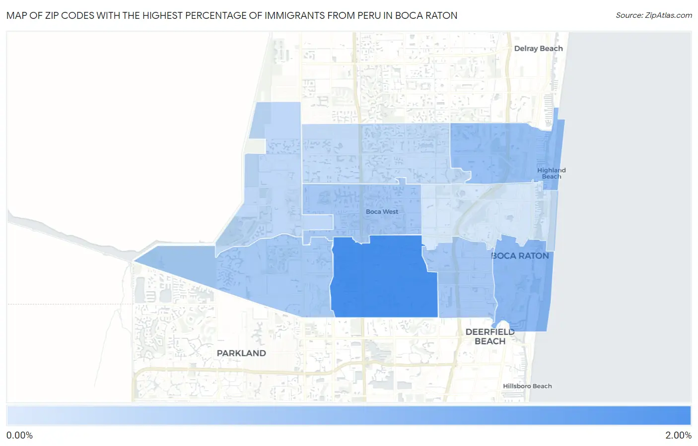 Zip Codes with the Highest Percentage of Immigrants from Peru in Boca Raton Map