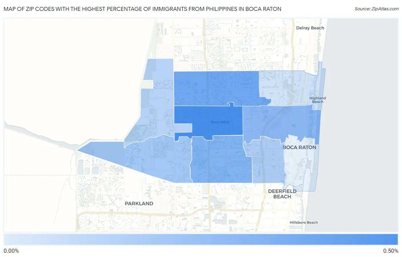 Zip Codes with the Highest Percentage of Immigrants from Philippines in Boca Raton Map
