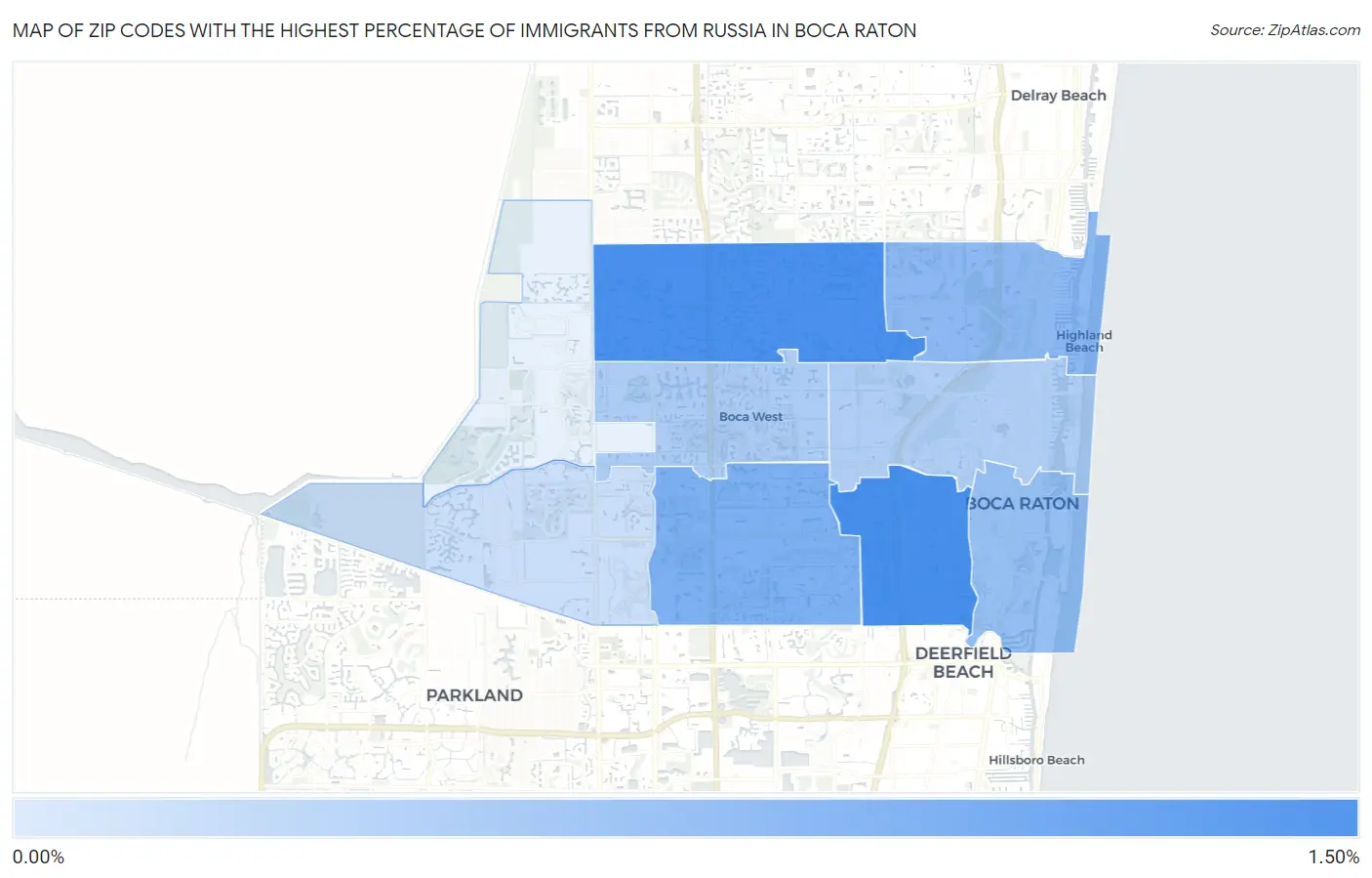Zip Codes with the Highest Percentage of Immigrants from Russia in Boca Raton Map