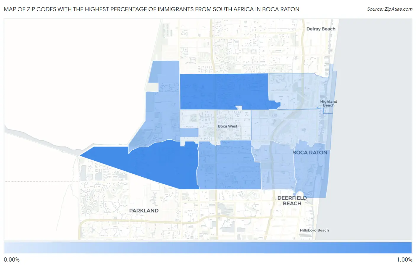 Zip Codes with the Highest Percentage of Immigrants from South Africa in Boca Raton Map