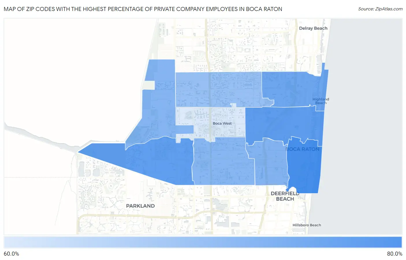Zip Codes with the Highest Percentage of Private Company Employees in Boca Raton Map