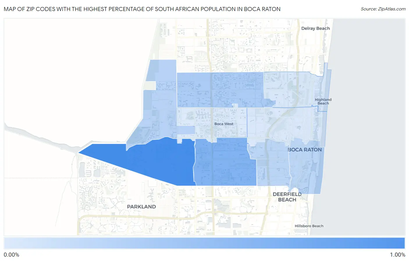 Zip Codes with the Highest Percentage of South African Population in Boca Raton Map