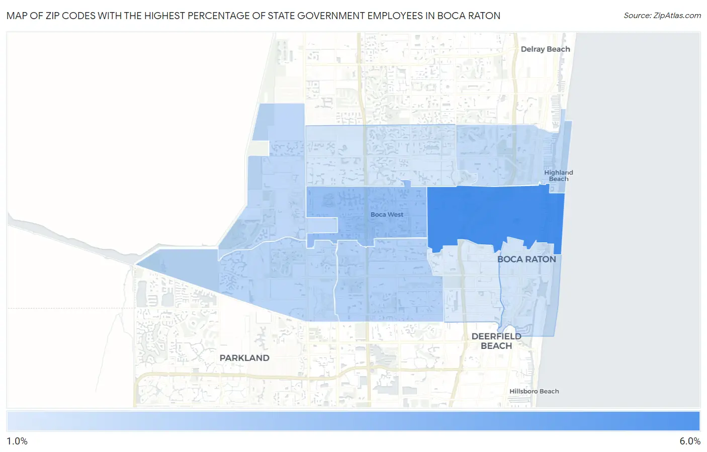 Zip Codes with the Highest Percentage of State Government Employees in Boca Raton Map