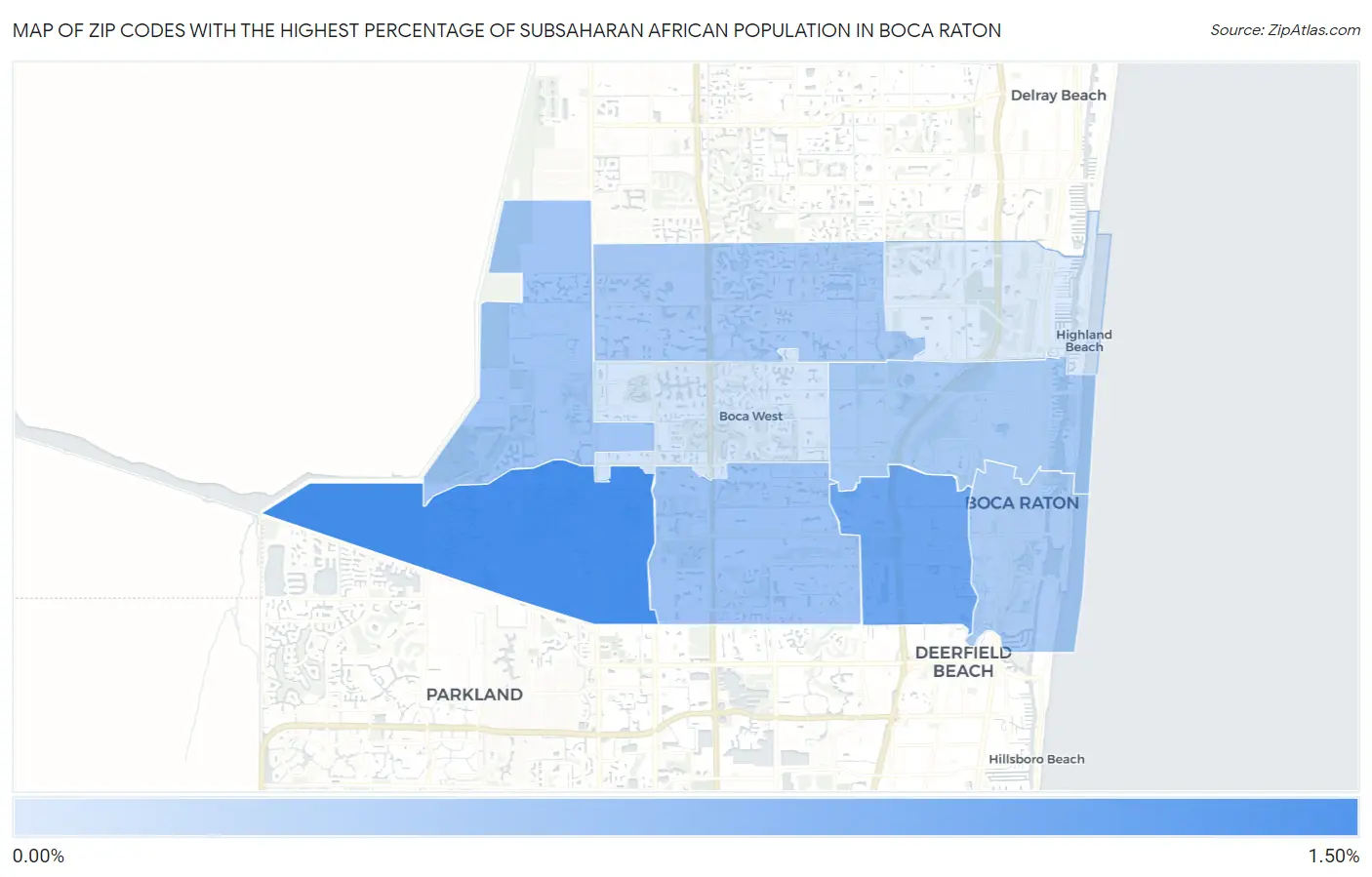 Zip Codes with the Highest Percentage of Subsaharan African Population in Boca Raton Map