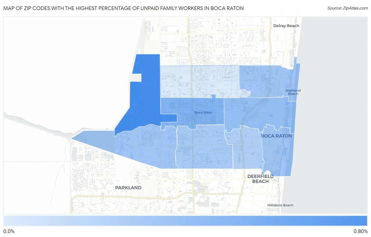Zip Codes with the Highest Percentage of Unpaid Family Workers in Boca Raton Map