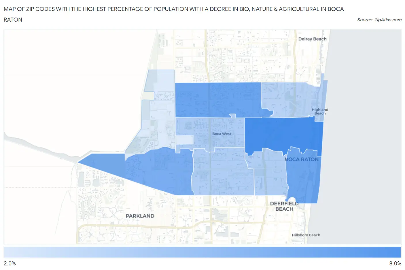 Zip Codes with the Highest Percentage of Population with a Degree in Bio, Nature & Agricultural in Boca Raton Map