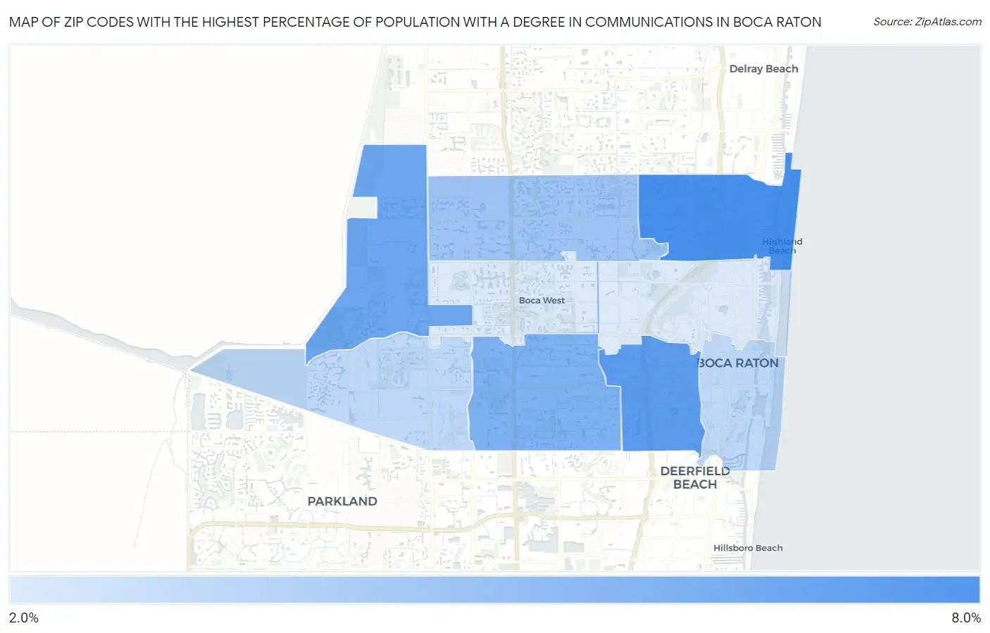 Zip Codes with the Highest Percentage of Population with a Degree in Communications in Boca Raton Map