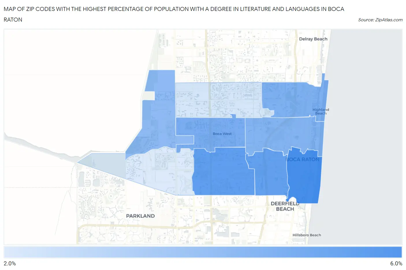 Zip Codes with the Highest Percentage of Population with a Degree in Literature and Languages in Boca Raton Map