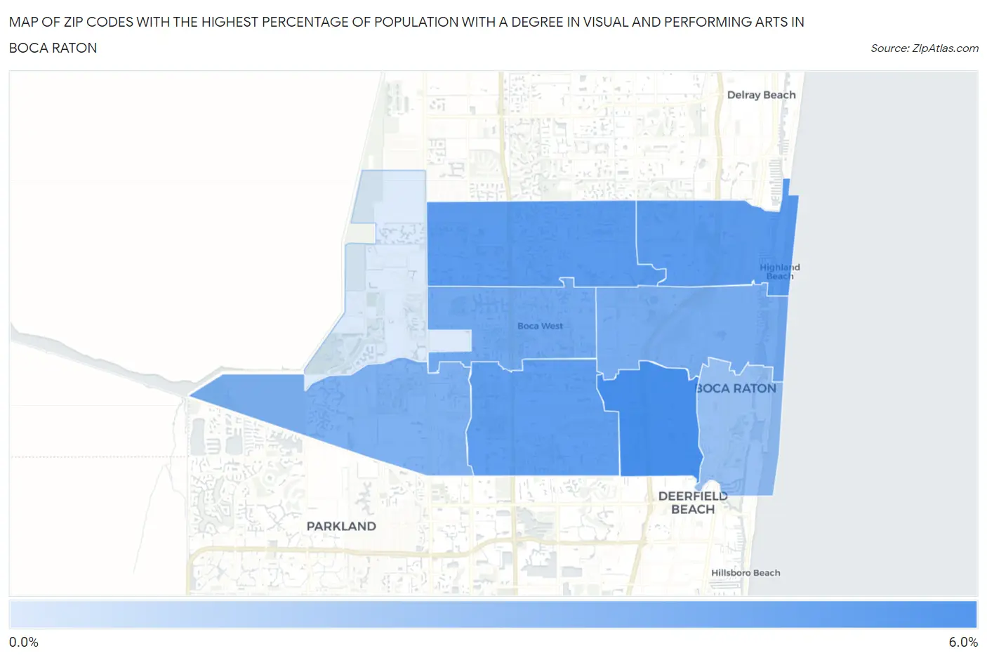 Zip Codes with the Highest Percentage of Population with a Degree in Visual and Performing Arts in Boca Raton Map