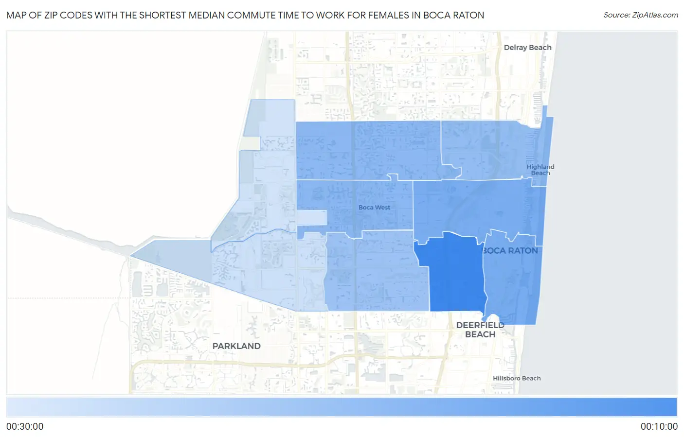 Zip Codes with the Shortest Median Commute Time to Work for Females in Boca Raton Map
