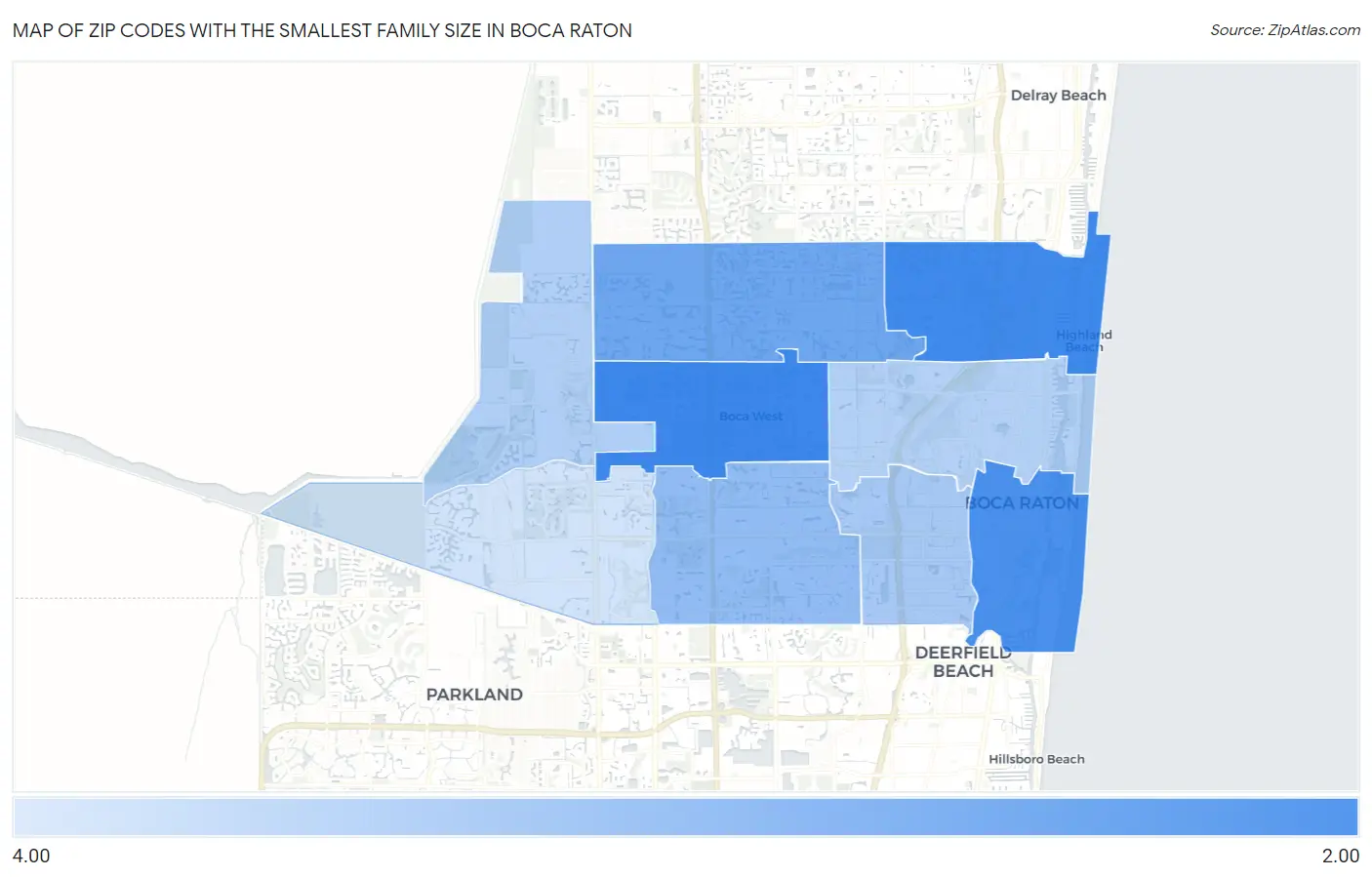 Zip Codes with the Smallest Family Size in Boca Raton Map